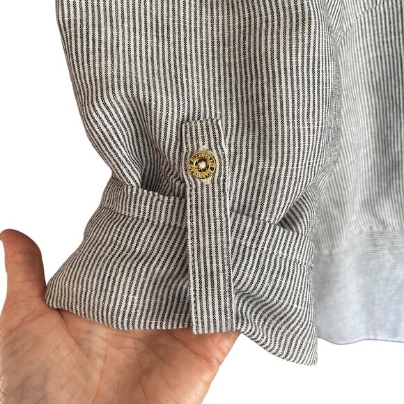 Ellen Tracy Linen Blend Popover Tunic Stripes Roll Tab Sleeves Lace Detail Sz XL - Picture 3 of 10
